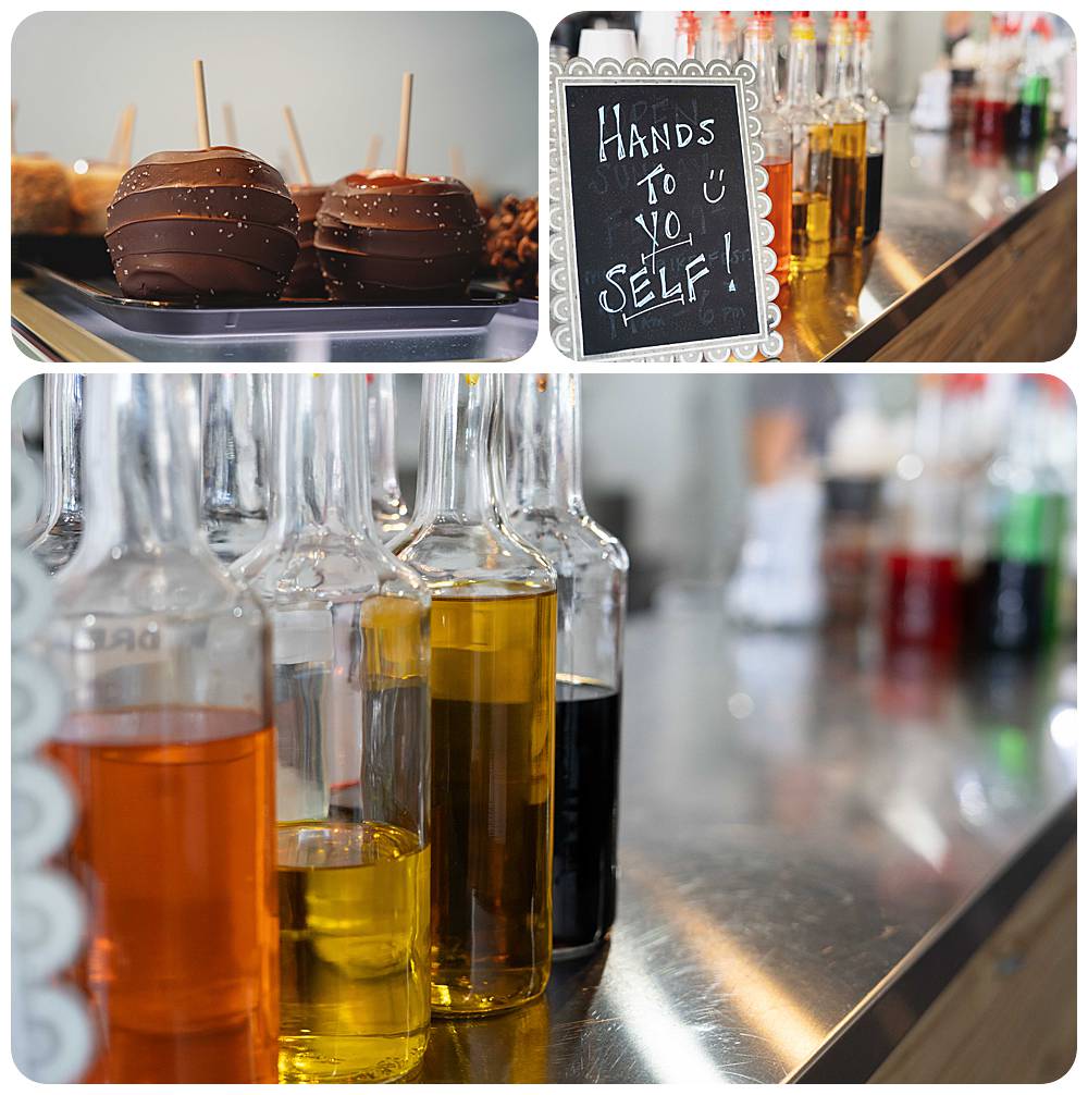 collage of photos for a snoball shop. clear glass bottles filled with colorful syrups and large caramel and candy dipped apples