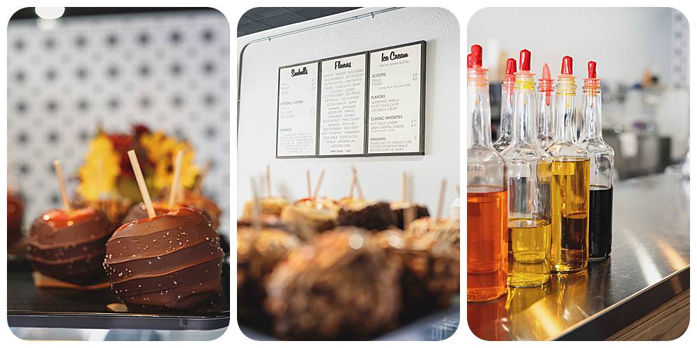 large caramel and candy dipped apples on a counter in front of retro black and white walls.