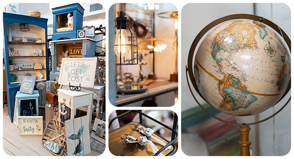 antique store photos filled with steampunk inspired lights, beachy themed wood signs, and a globe on a stand