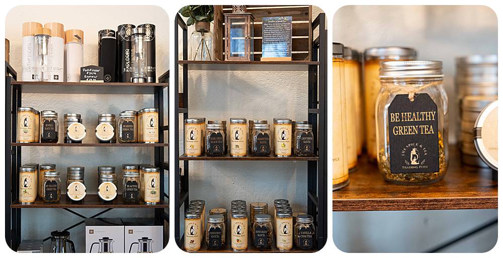 Mason jars and metal tins filled with organic hand blended teas