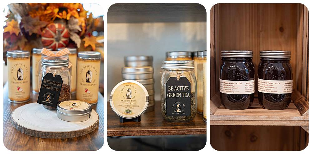 Locally sourced honey in mason jars and hand blended organic tea in metal tins
